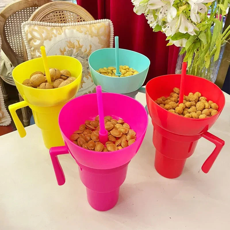 New 2 IN 1 Creative Sip N Snack Cups Integrated Beverage Cup with Handle Portable Beverage Cup Novel Design and Many Functions