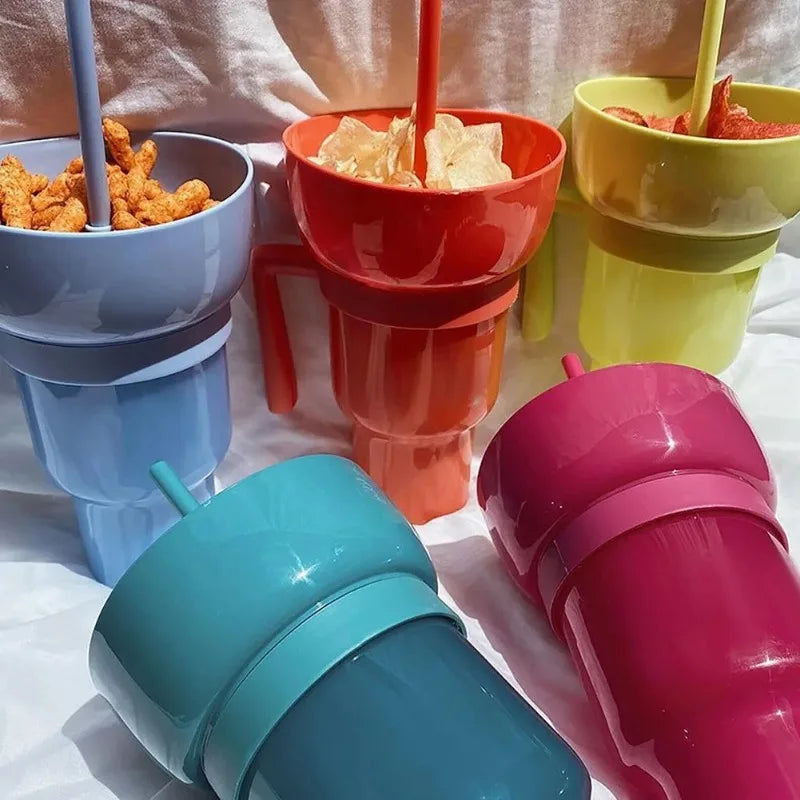 New 2 IN 1 Creative Sip N Snack Cups Integrated Beverage Cup with Handle Portable Beverage Cup Novel Design and Many Functions