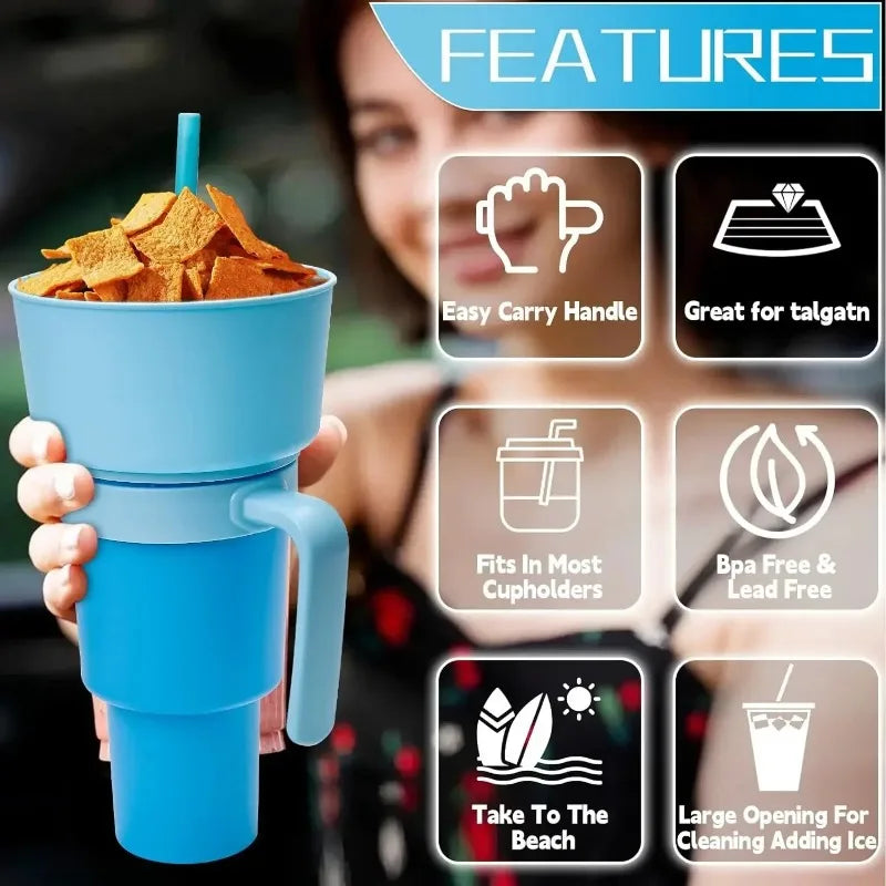 New 2 IN 1 Creative Sip N Snack Cups Integrated Beverage Cup with Handle Portable Beverage Cup Novel Design and Many Functions